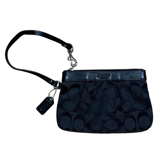 Y2K Coach Black Signature Jacquard Wristlet Clutch With Leather Trim - Picture 1 of 5